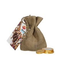 Jute zakje met chocolade munten - Topgiving