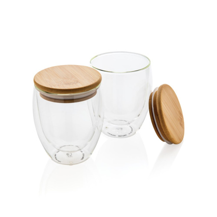 Dubbelwandig borosilicaatglas met bamboe deksel 250ml set - Topgiving