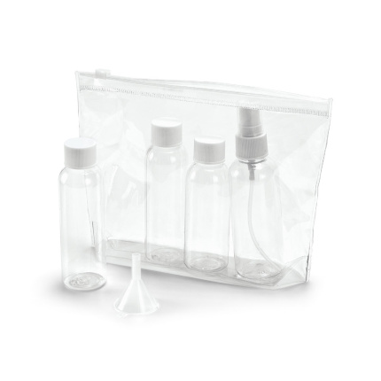 Transparante toilettas van PVC, luchtdicht en voorzien van 3 flesjes: (2 x 65 en 1 x 60 mL), 1 verstuiver (80 mL) en 1 trechter - Topgiving